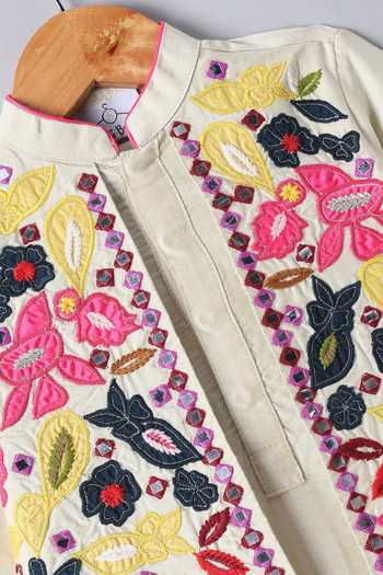 Little Brats_Beige Silk, Cotton Floral Applique Embroidered Kurta Set _at_Aza_Fashions