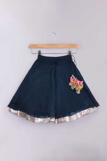 Little Brats_Blue Silk, Cotton Thread Work Blouse And Lehenga Set _Online_at_Aza_Fashions