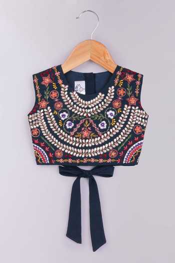 Little Brats_Blue Silk, Cotton Thread Work Blouse And Lehenga Set _at_Aza_Fashions
