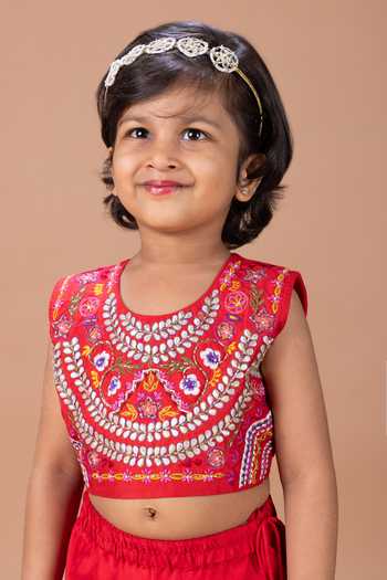 Buy_Little Brats_Red Silk, Cotton Embroidered Blouse And Lehenga Set _Online_at_Aza_Fashions