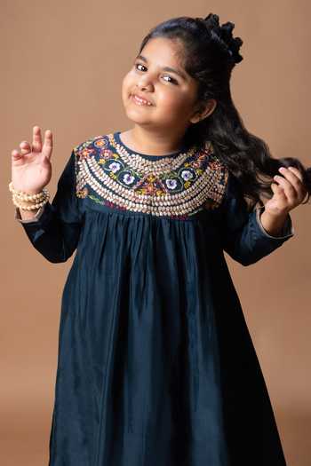 Little Brats_Blue Silk, Cotton Yoke Embroidered Kurta And Pant Set _Online_at_Aza_Fashions