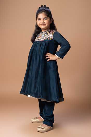 Buy_Little Brats_Blue Silk, Cotton Yoke Embroidered Kurta And Pant Set _Online_at_Aza_Fashions