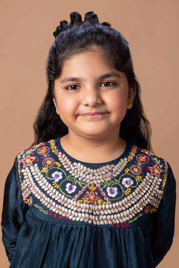 Shop_Little Brats_Blue Silk, Cotton Yoke Embroidered Kurta And Pant Set _Online_at_Aza_Fashions