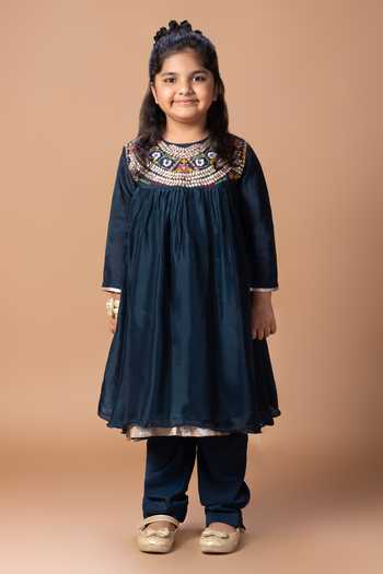 Little Brats_Blue Silk, Cotton Yoke Embroidered Kurta And Pant Set _at_Aza_Fashions