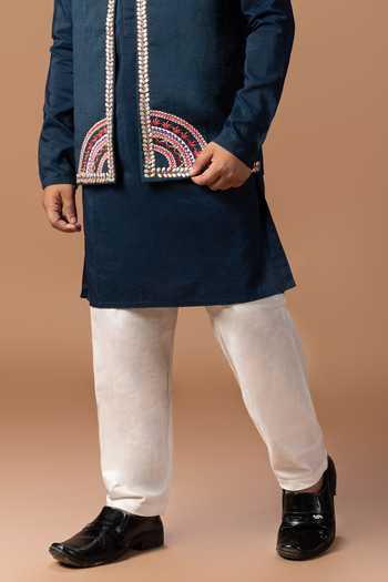 Little Brats_Blue Silk, Cotton Gota Patti, Embroidery Placement Bundi And Kurta Set _Online_at_Aza_Fashions