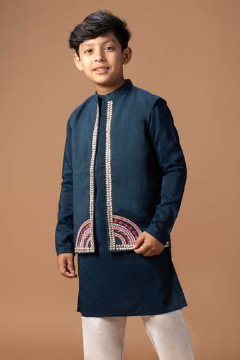 Buy_Little Brats_Blue Silk, Cotton Gota Patti, Embroidery Placement Bundi And Kurta Set _Online_at_Aza_Fashions