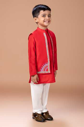 Little Brats_Red Silk, Cotton Placement Embroidered Bundi And Kurta Set _Online_at_Aza_Fashions