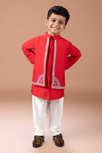 Little Brats Placement Embroidered Bundi & Kurta Set 
