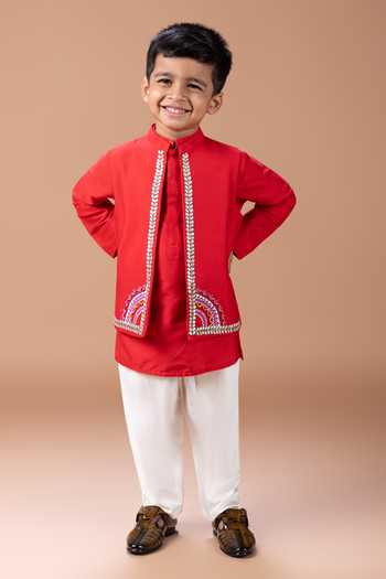 Buy_Little Brats_Red Silk, Cotton Placement Embroidered Bundi And Kurta Set _Online_at_Aza_Fashions