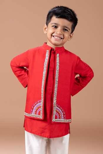 Shop_Little Brats_Red Silk, Cotton Placement Embroidered Bundi And Kurta Set _Online_at_Aza_Fashions