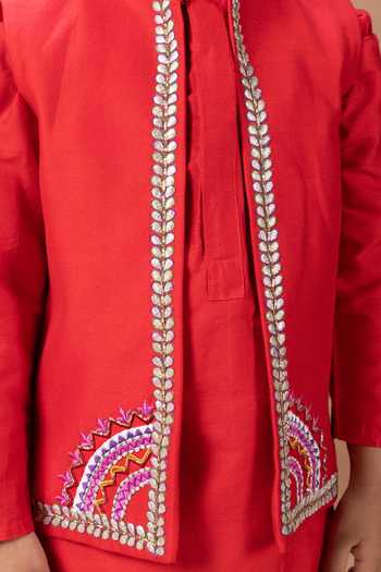 Little Brats_Red Silk, Cotton Placement Embroidered Bundi And Kurta Set _at_Aza_Fashions
