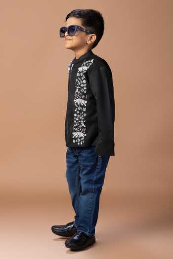 Little Brats_Black Cotton Panther Embroidered Jacket _Online_at_Aza_Fashions