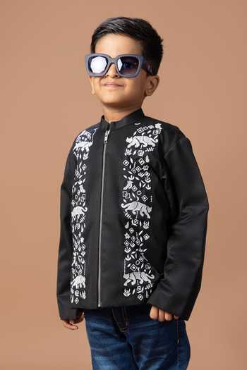 Buy_Little Brats_Black Cotton Panther Embroidered Jacket _Online_at_Aza_Fashions
