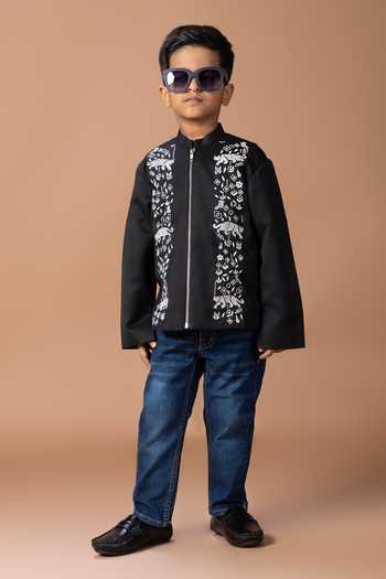 Shop_Little Brats_Black Cotton Panther Embroidered Jacket _Online_at_Aza_Fashions