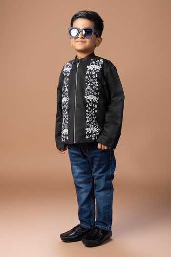 Little Brats_Black Cotton Panther Embroidered Jacket _at_Aza_Fashions