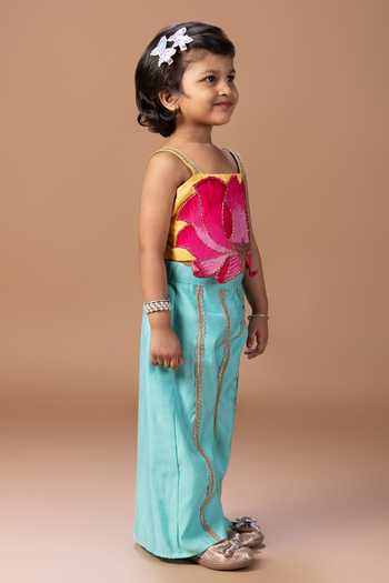 Little Brats_Pink Silk, Cotton Lace Hand Embroidered Top And Palazzo Set _Online_at_Aza_Fashions