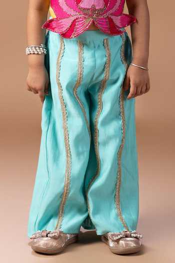 Buy_Little Brats_Pink Silk, Cotton Lace Hand Embroidered Top And Palazzo Set _Online_at_Aza_Fashions