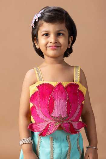 Shop_Little Brats_Pink Silk, Cotton Lace Hand Embroidered Top And Palazzo Set _Online_at_Aza_Fashions