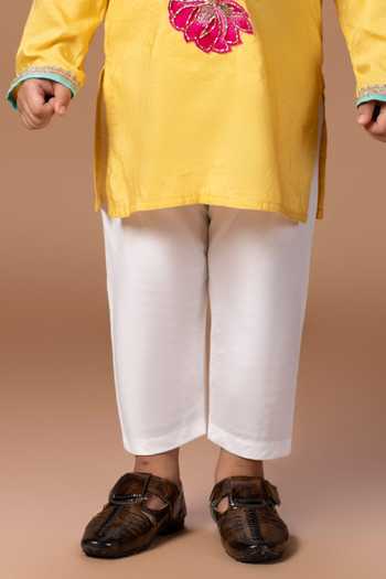 Little Brats_Yellow Silk, Cotton Lotus Embroidered Kurta And Pyjama Set _Online_at_Aza_Fashions