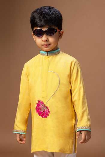 Buy_Little Brats_Yellow Silk, Cotton Lotus Embroidered Kurta And Pyjama Set _Online_at_Aza_Fashions