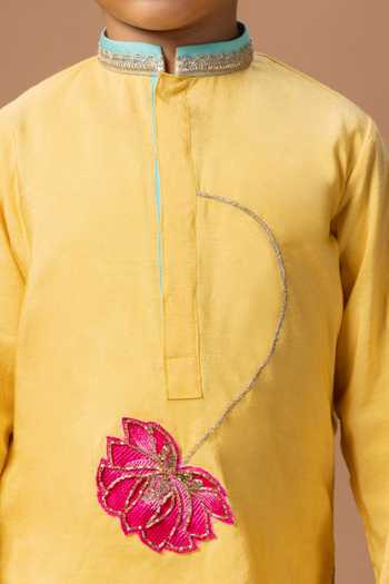 Shop_Little Brats_Yellow Silk, Cotton Lotus Embroidered Kurta And Pyjama Set _Online_at_Aza_Fashions