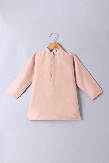 Little Brats_Peach Silk, Cotton Embroidery Bundi And Kurta Set _Online_at_Aza_Fashions