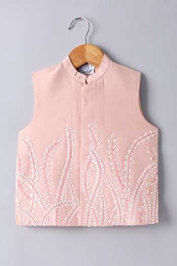 Buy_Little Brats_Peach Silk, Cotton Embroidery Bundi And Kurta Set _Online_at_Aza_Fashions