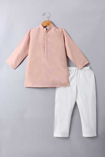 Shop_Little Brats_Peach Silk, Cotton Embroidery Bundi And Kurta Set _Online_at_Aza_Fashions