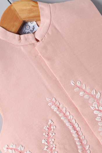 Buy_Little Brats_Peach Silk, Cotton Embroidery Bundi And Kurta Set 