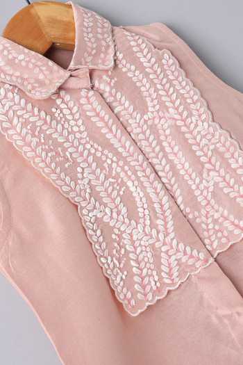 Little Brats_Peach Silk, Cotton Hand Painted Top And Pant Set _Online_at_Aza_Fashions
