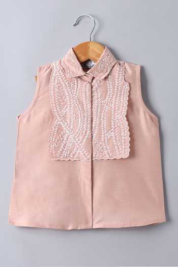 Shop_Little Brats_Peach Silk, Cotton Hand Painted Top And Pant Set _Online_at_Aza_Fashions