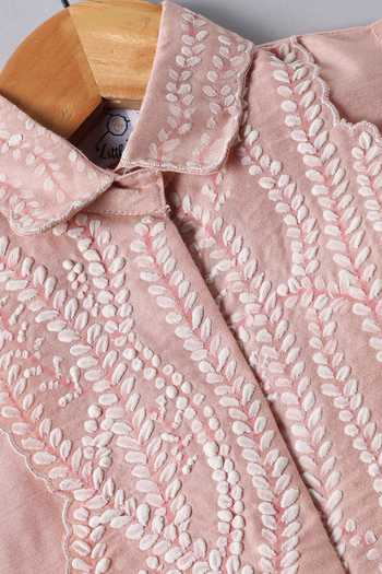 Little Brats_Peach Silk, Cotton Hand Painted Top And Pant Set _at_Aza_Fashions