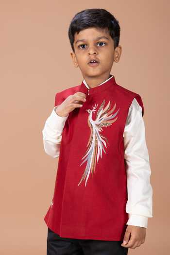 Buy_Little Brats_White Silk, Cotton, Viscose Embroidery, Sequins Phoenix Bundi And Pant Set _Online_at_Aza_Fashions