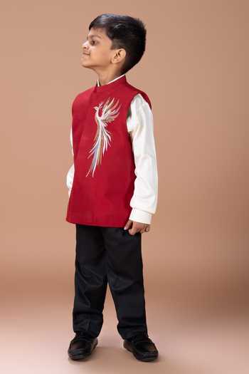 Shop_Little Brats_White Silk, Cotton, Viscose Embroidery, Sequins Phoenix Bundi And Pant Set _Online_at_Aza_Fashions