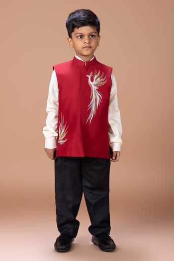 Little Brats_White Silk, Cotton, Viscose Embroidery, Sequins Phoenix Bundi And Pant Set _at_Aza_Fashions