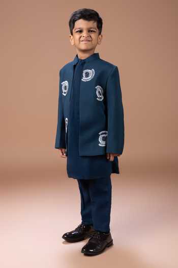 Little Brats_Blue Silk Satin Embroidered Jacket And Kurta Set _Online_at_Aza_Fashions