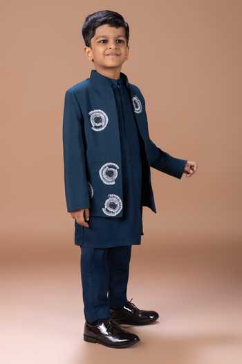 Buy_Little Brats_Blue Silk Satin Embroidered Jacket And Kurta Set _Online_at_Aza_Fashions