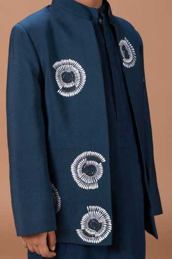 Shop_Little Brats_Blue Silk Satin Embroidered Jacket And Kurta Set _Online_at_Aza_Fashions