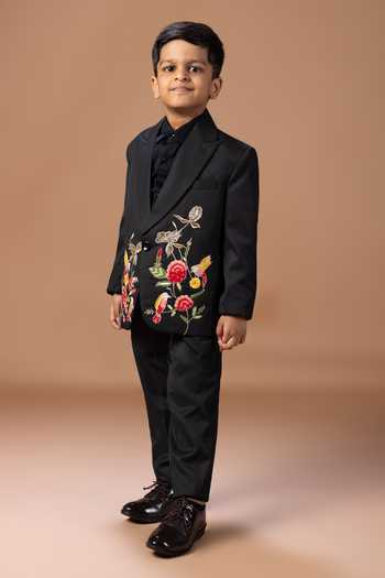 Little Brats_Black Cotton Embroidery, Sequins Floral Tuxedo Set _Online_at_Aza_Fashions