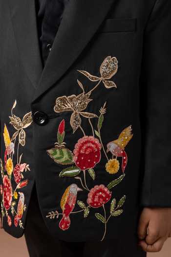 Buy_Little Brats_Black Cotton Embroidery, Sequins Floral Tuxedo Set _Online_at_Aza_Fashions
