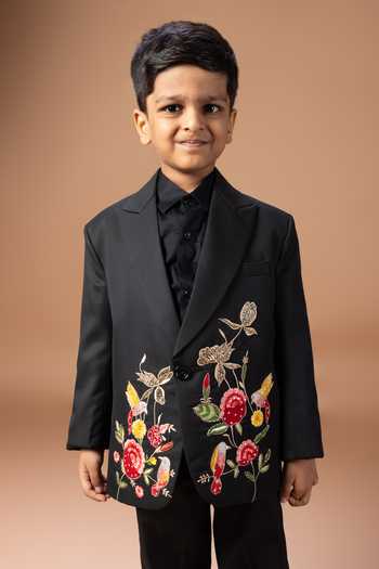 Shop_Little Brats_Black Cotton Embroidery, Sequins Floral Tuxedo Set _Online_at_Aza_Fashions