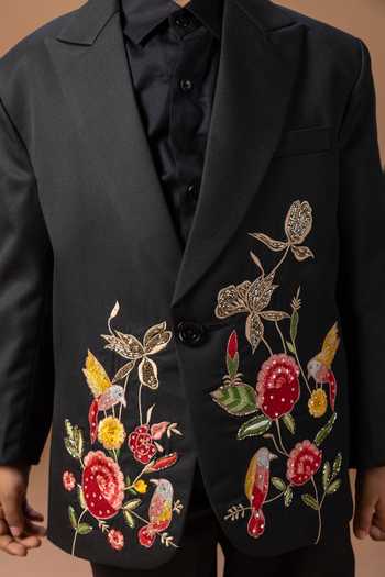 Little Brats_Black Cotton Embroidery, Sequins Floral Tuxedo Set _at_Aza_Fashions