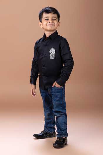 Little Brats_Black Cotton Horse Placement Embroidered Shirt _Online_at_Aza_Fashions