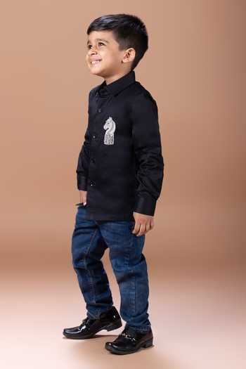 Buy_Little Brats_Black Cotton Horse Placement Embroidered Shirt _Online_at_Aza_Fashions