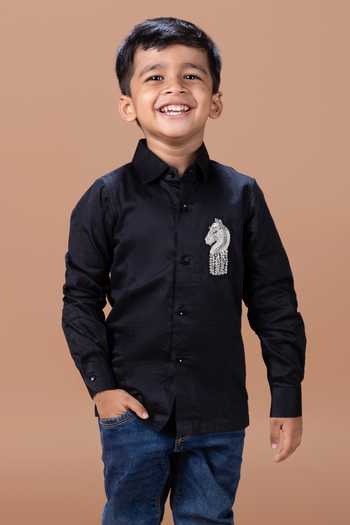 Shop_Little Brats_Black Cotton Horse Placement Embroidered Shirt _Online_at_Aza_Fashions