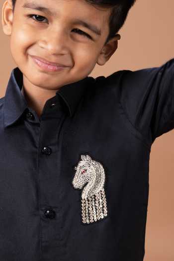Little Brats_Black Cotton Horse Placement Embroidered Shirt _at_Aza_Fashions
