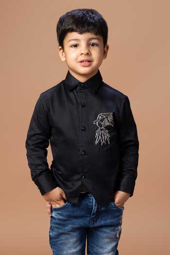 Little Brats_Black Cotton Bird Placement Embroidered Shirt _Online_at_Aza_Fashions