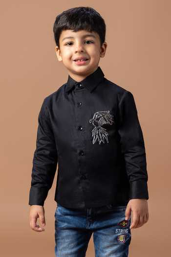 Buy_Little Brats_Black Cotton Bird Placement Embroidered Shirt _Online_at_Aza_Fashions