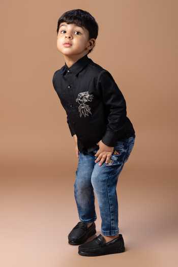 Shop_Little Brats_Black Cotton Bird Placement Embroidered Shirt _Online_at_Aza_Fashions