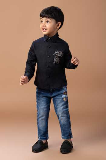 Little Brats_Black Cotton Bird Placement Embroidered Shirt _at_Aza_Fashions